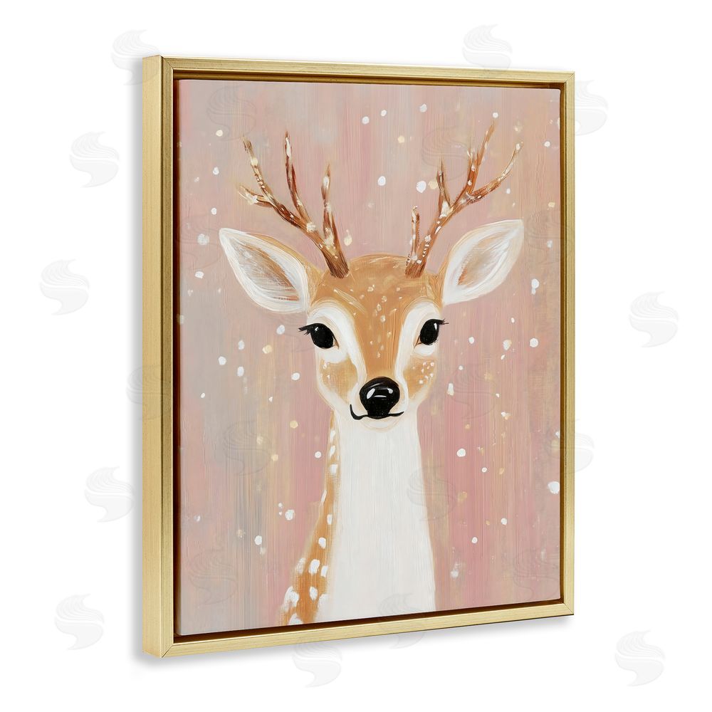 The Prints Vibe Blush Pink Deer with Snowflakes Gold Floating Frame Stretched Canvas Wall Art Print