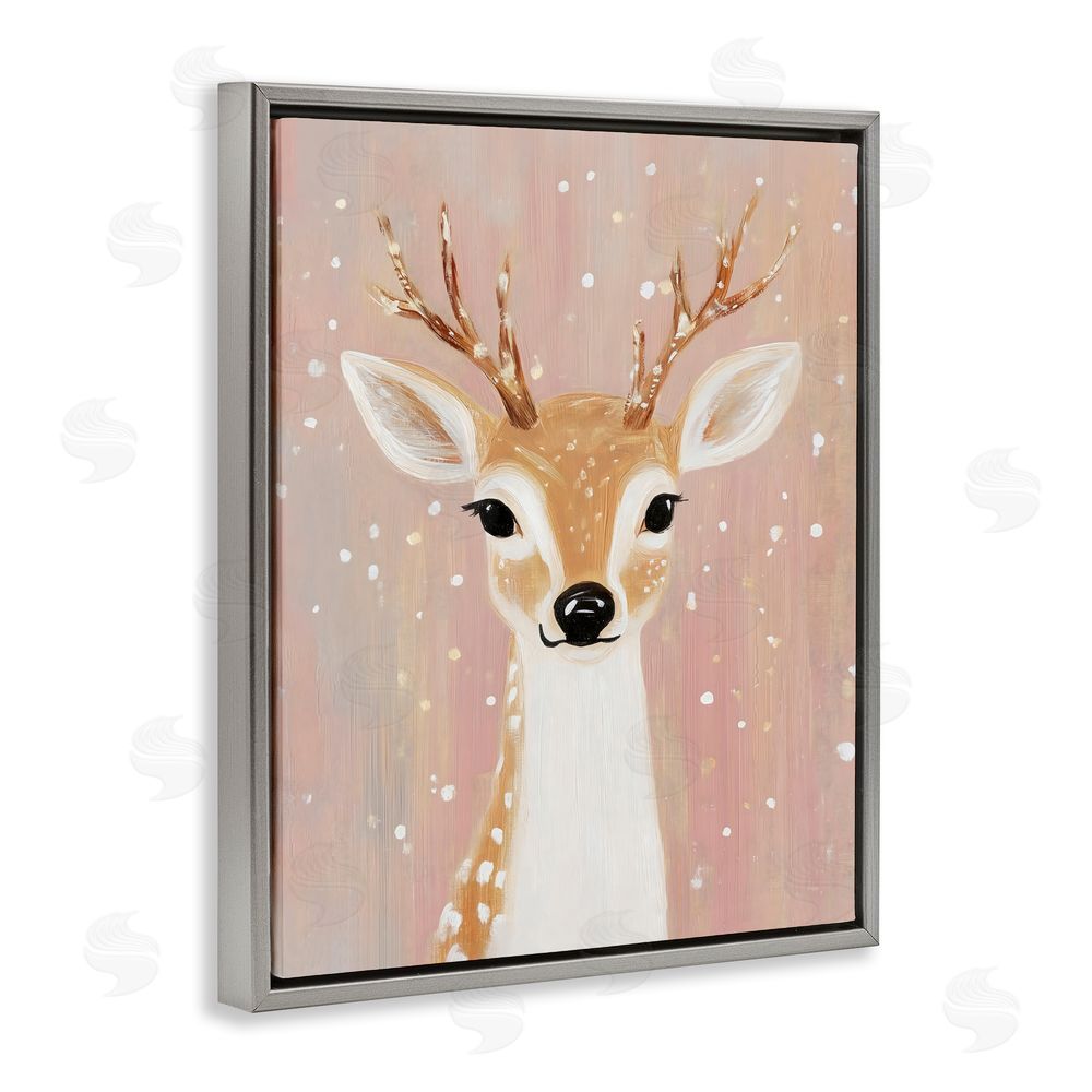 The Prints Vibe Blush Pink Deer with Snowflakes Gray Floating Frame Stretched Canvas Wall Art Print