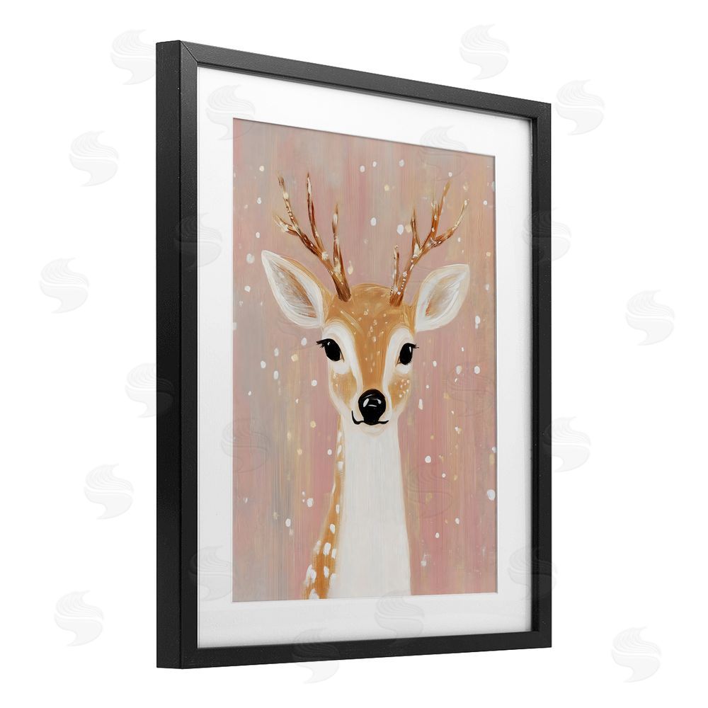 The Prints Vibe Blush Pink Deer with Snowflakes Black Framed Print Under Glass with Matting Wall Art