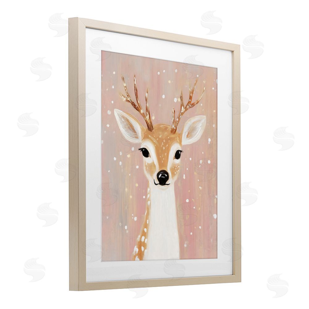 The Prints Vibe Blush Pink Deer with Snowflakes Brown Framed Print Under Glass with Matting Wall Art
