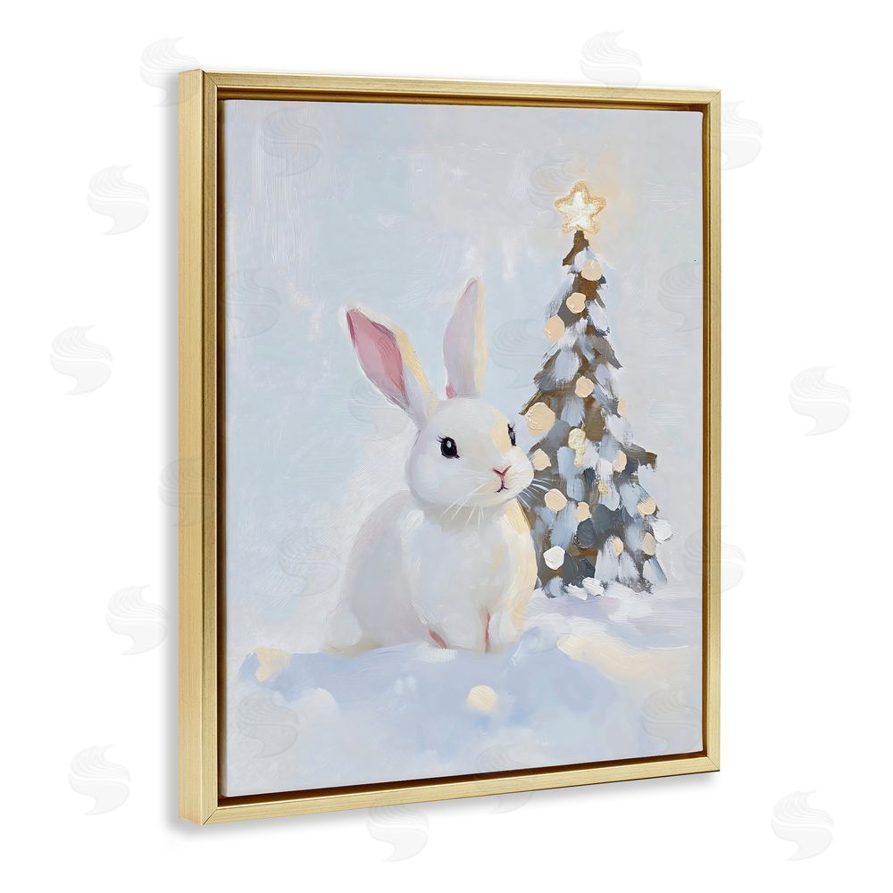 The Prints Vibe Christmas Bunny in Snow Pile Gold Floating Frame Canvas Wall Art Print
