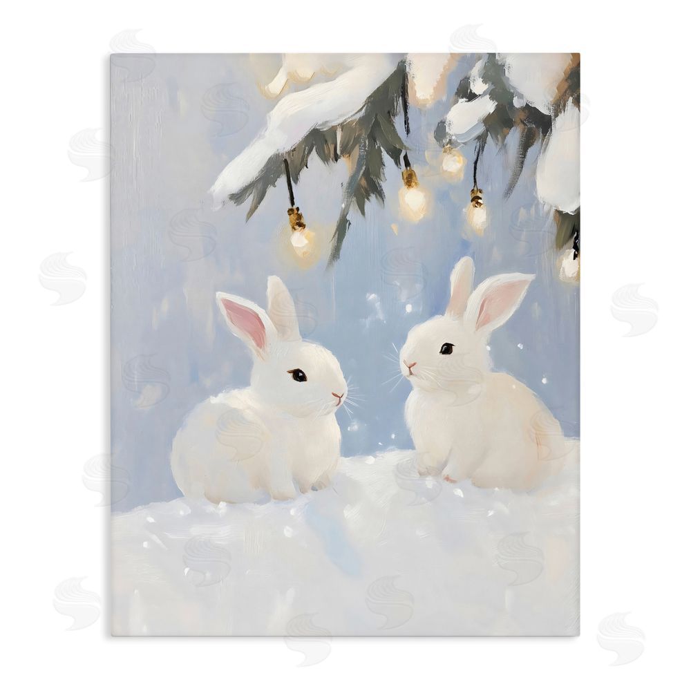 The Prints Vibe Winter Bunnies Under Twinkling Lights Stretched Canvas Wall Art Print