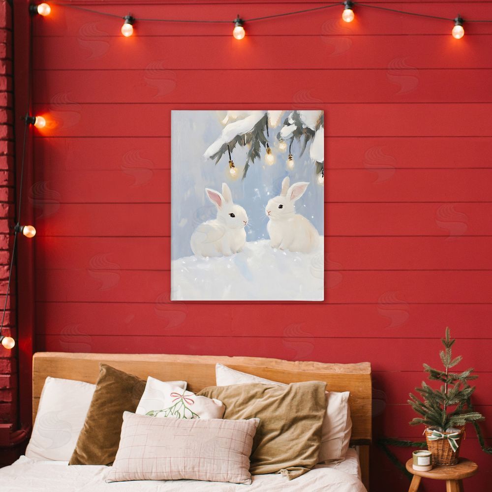 The Prints Vibe Winter Bunnies Under Twinkling Lights Stretched Canvas on Wall