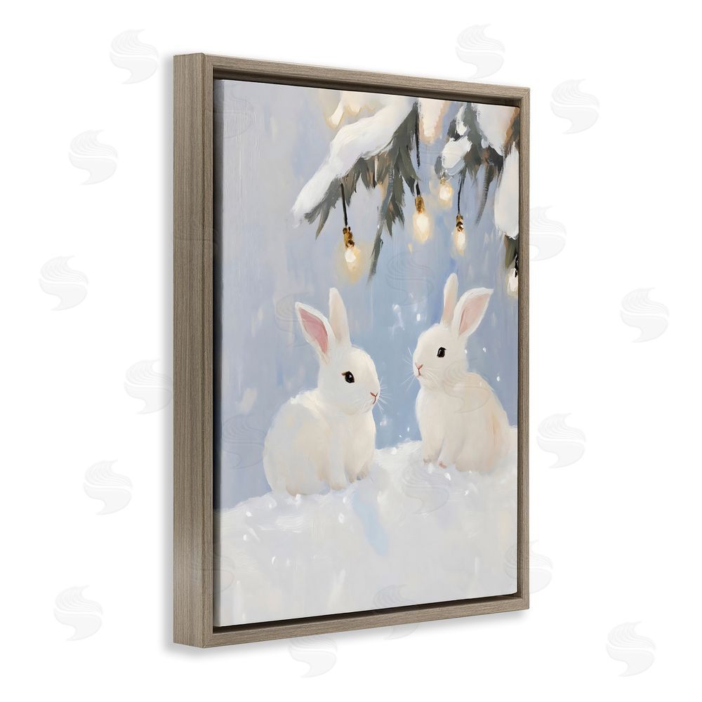 The Prints Vibe Winter Bunnies Under Twinkling Lights Brown Floating Framed Canvas Wall Art Print