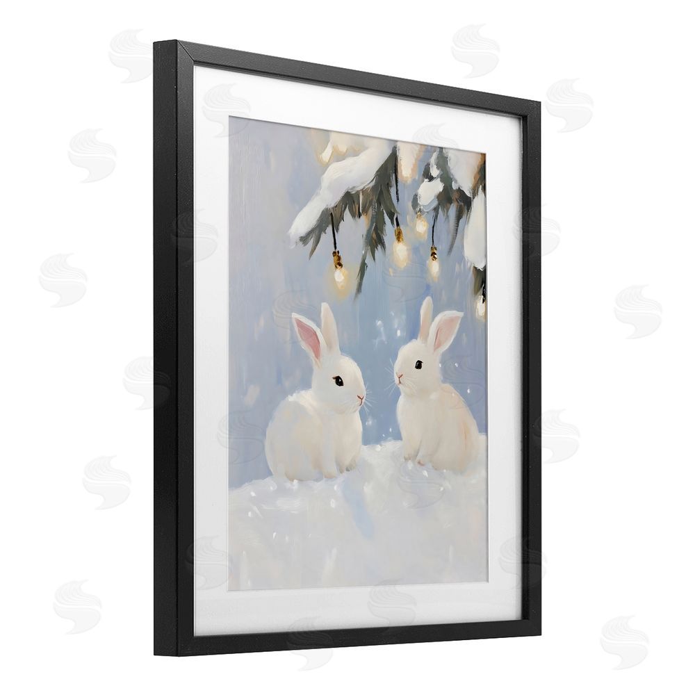 The Prints Vibe Winter Bunnies Under Twinkling Lights Black Framed Print Under Glass with White Mat Wall Art