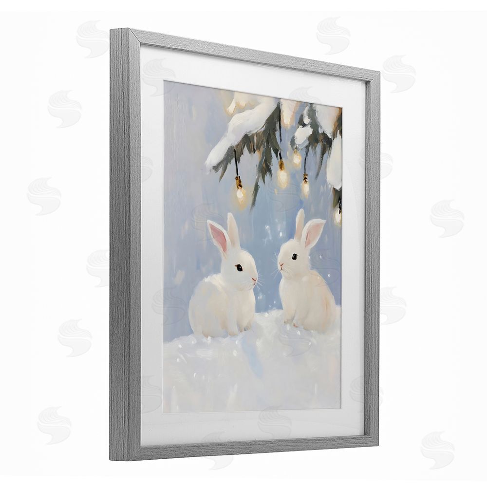 The Prints Vibe Winter Bunnies Under Twinkling Lights Gray Framed Print Under Glass with White Mat Wall Art