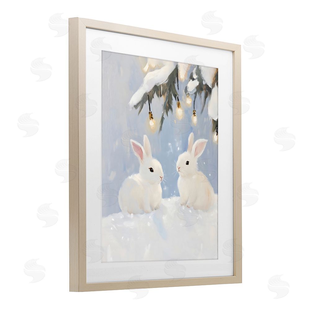 The Prints Vibe Winter Bunnies Under Twinkling Lights Brown Framed Print Under Glass with White Mat Wall Art