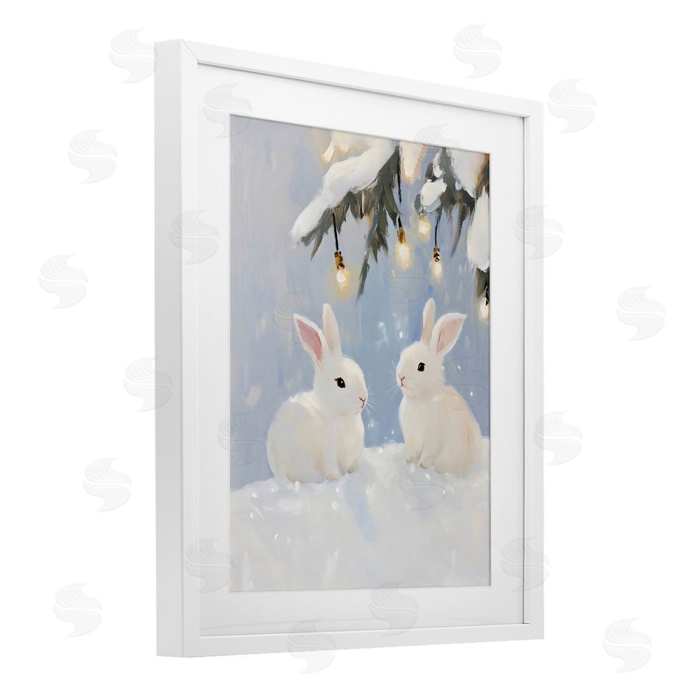 The Prints Vibe Winter Bunnies Under Twinkling Lights White Framed Print Under Glass with White Mat Wall Art