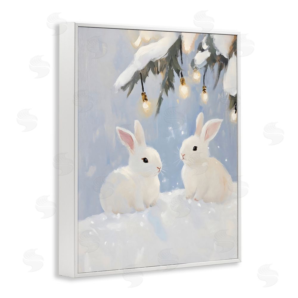 The Prints Vibe Winter Bunnies Under Twinkling Lights White Framed Giclee Wall Art Print