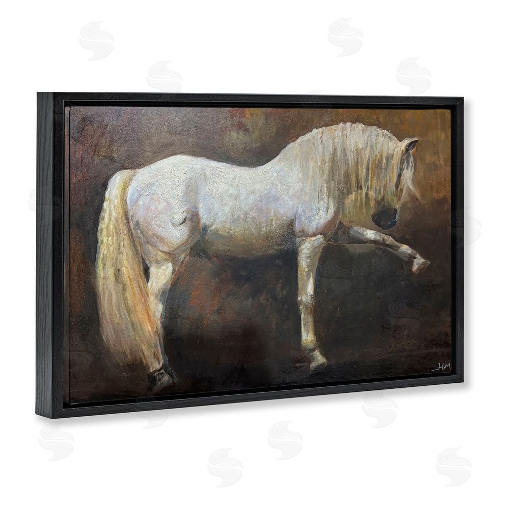 Hilary McCarthy Elegant White Stallion in Motion Black Floating Framed Canvas Wall Art