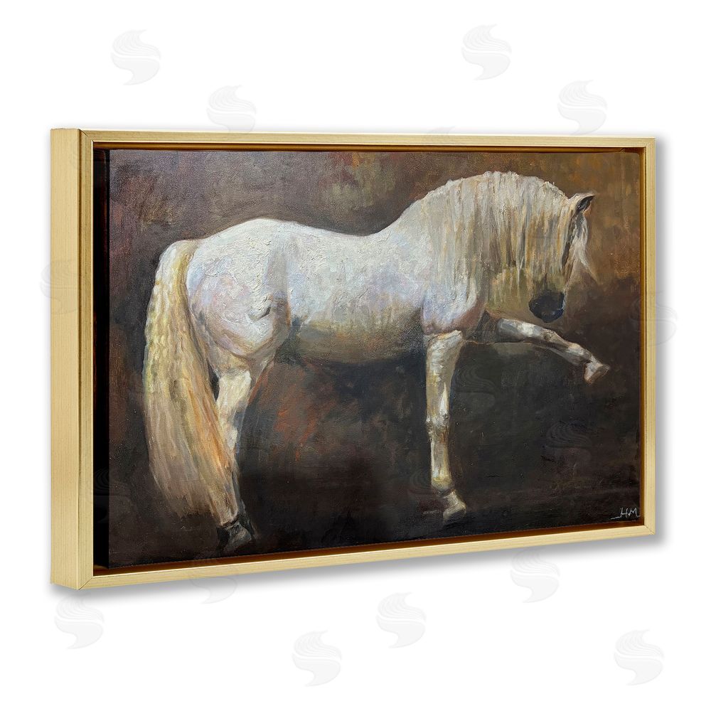 Hilary McCarthy Elegant White Stallion in Motion Gold Floating Framed Canvas Wall Art