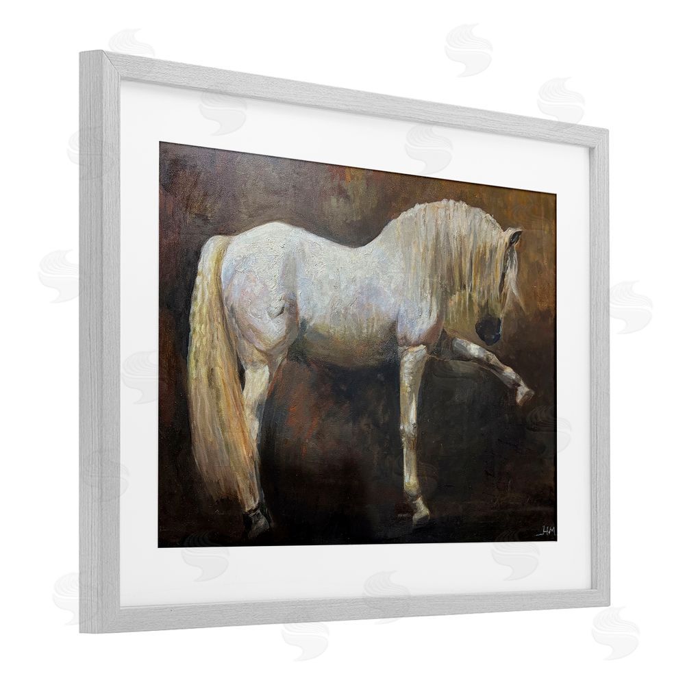 Hilary McCarthy Elegant White Stallion in Motion Gray Framed Print Under Glass Wall Art