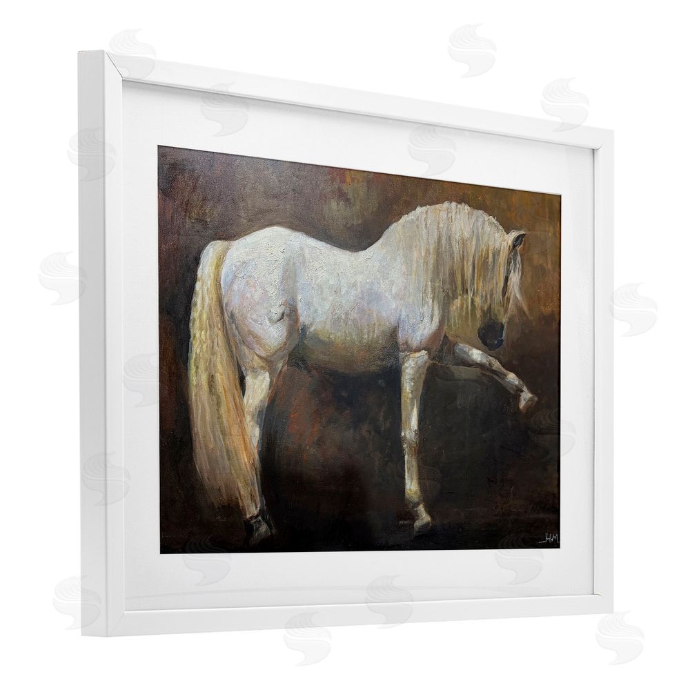 Hilary McCarthy Elegant White Stallion in Motion White Framed Print Under Glass Wall Art