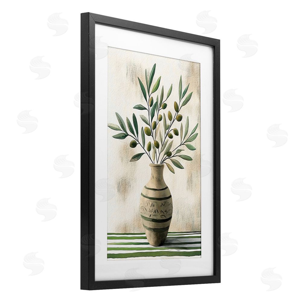 Creative Studio Vase of Olive Branches Black Framed Print Under Glass with White Mat Wall Art