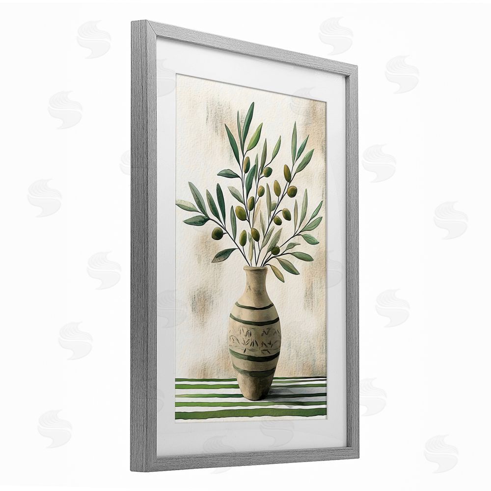 Creative Studio Vase of Olive Branches Gray Framed Print Under Glass with White Mat Wall Art