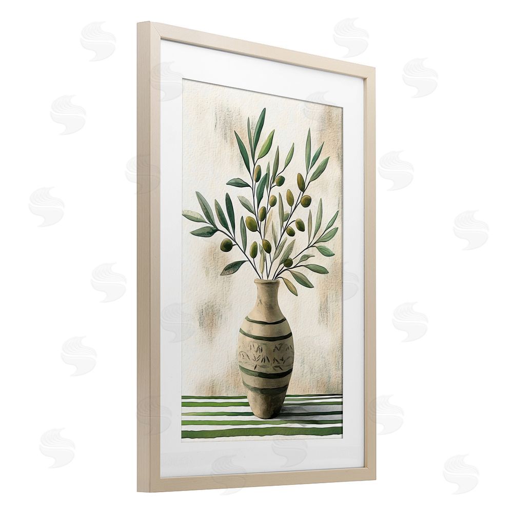 Creative Studio Vase of Olive Branches Brown Framed Print Under Glass with White Mat Wall Art