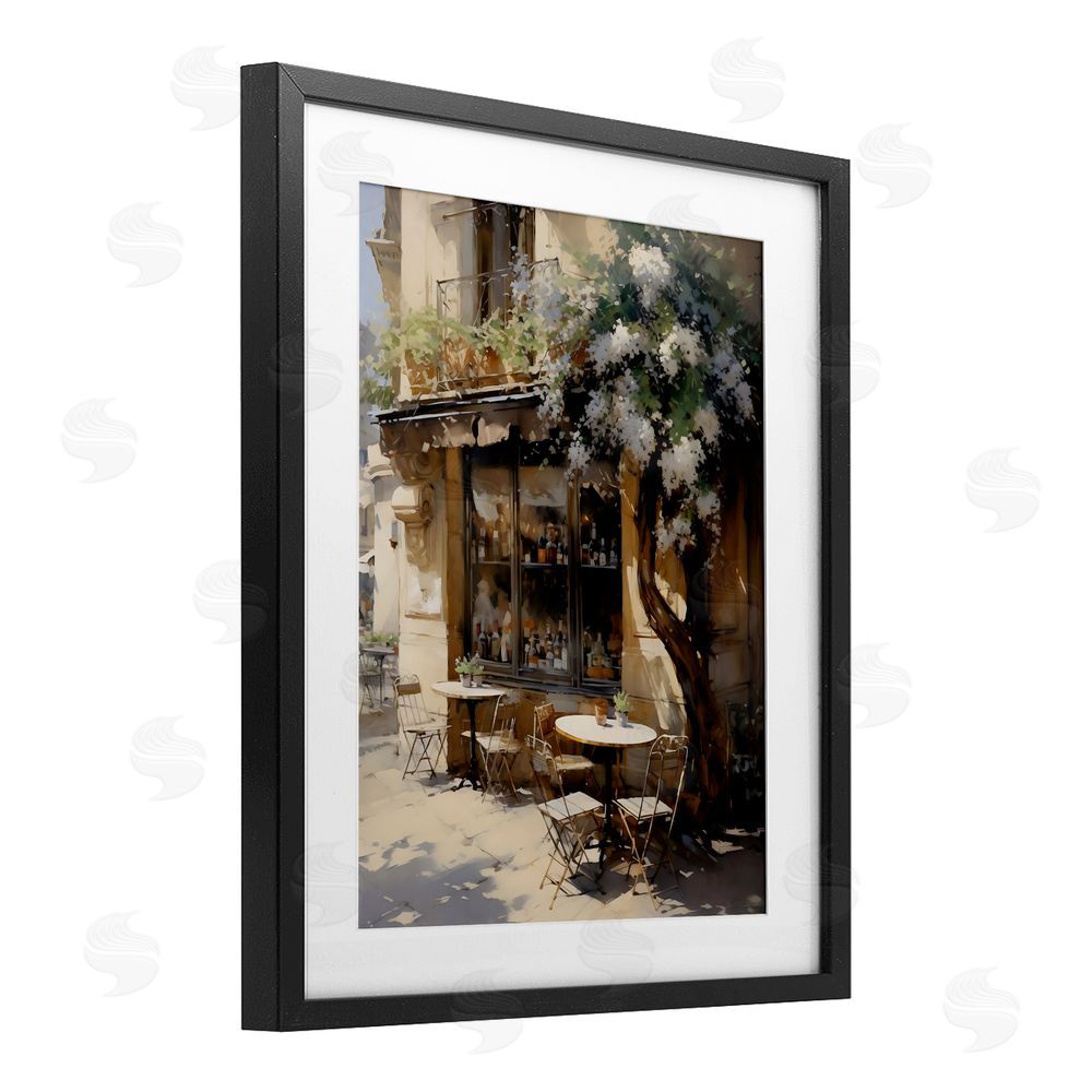 Creative Studio Sunlit French Cafe Terrace Black Framed Print Under Glass with White Mat Wall Art