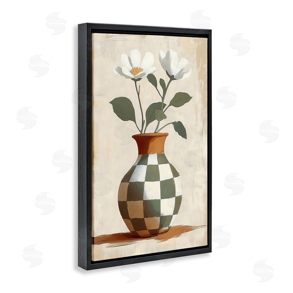 Creative Studio Checkboard Green Flower Vase Black Floating Frame Stretched Canvas Wall Art Print