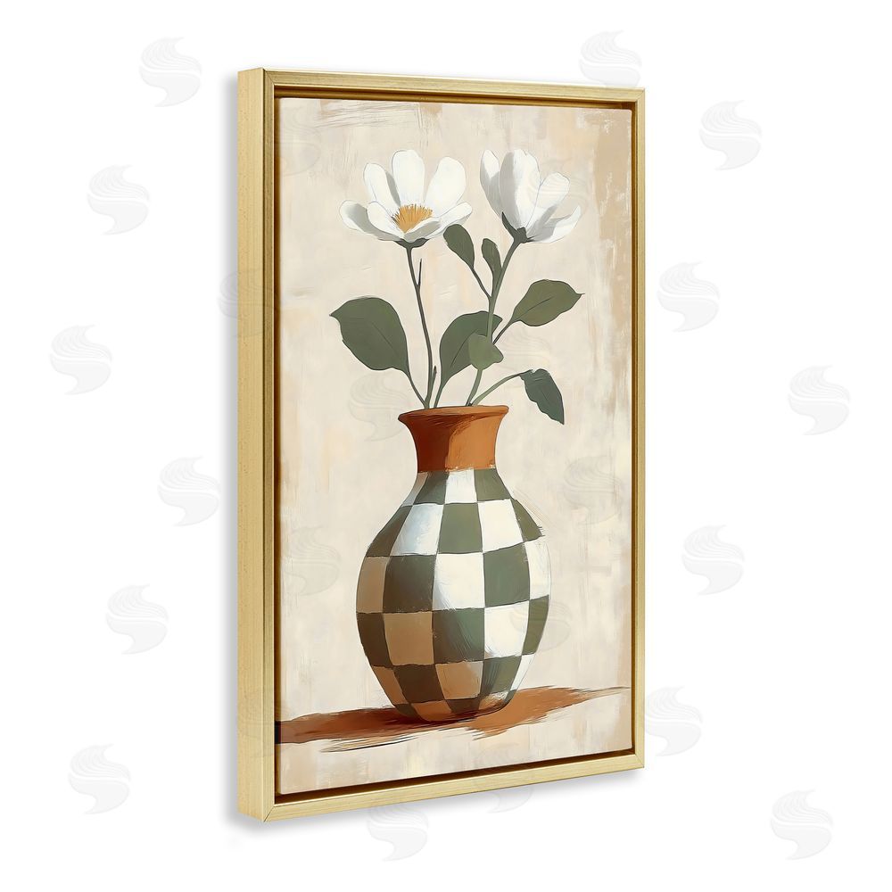Creative Studio Checkboard Green Flower Vase Gold Floating Frame Stretched Canvas Wall Art Print