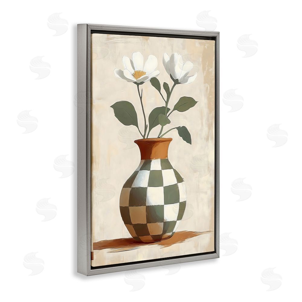 Creative Studio Checkboard Green Flower Vase Gray Floating Frame Stretched Canvas Wall Art Print