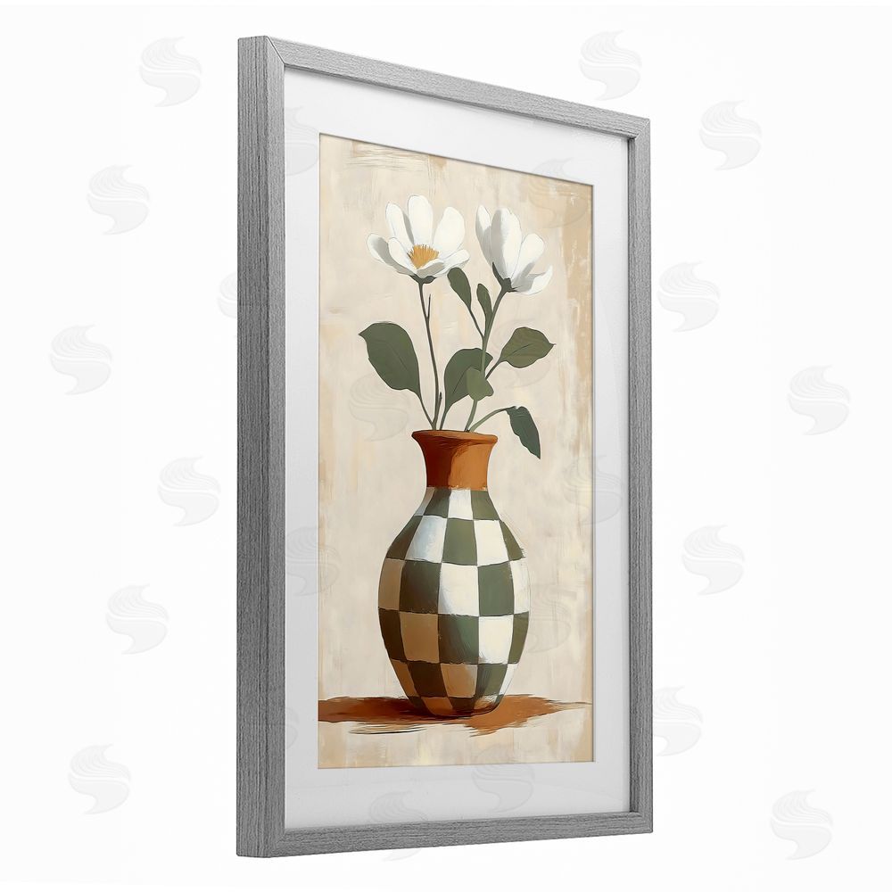 Creative Studio Checkboard Green Flower Vase Gray Framed Print Under Glass with Matting Wall Art