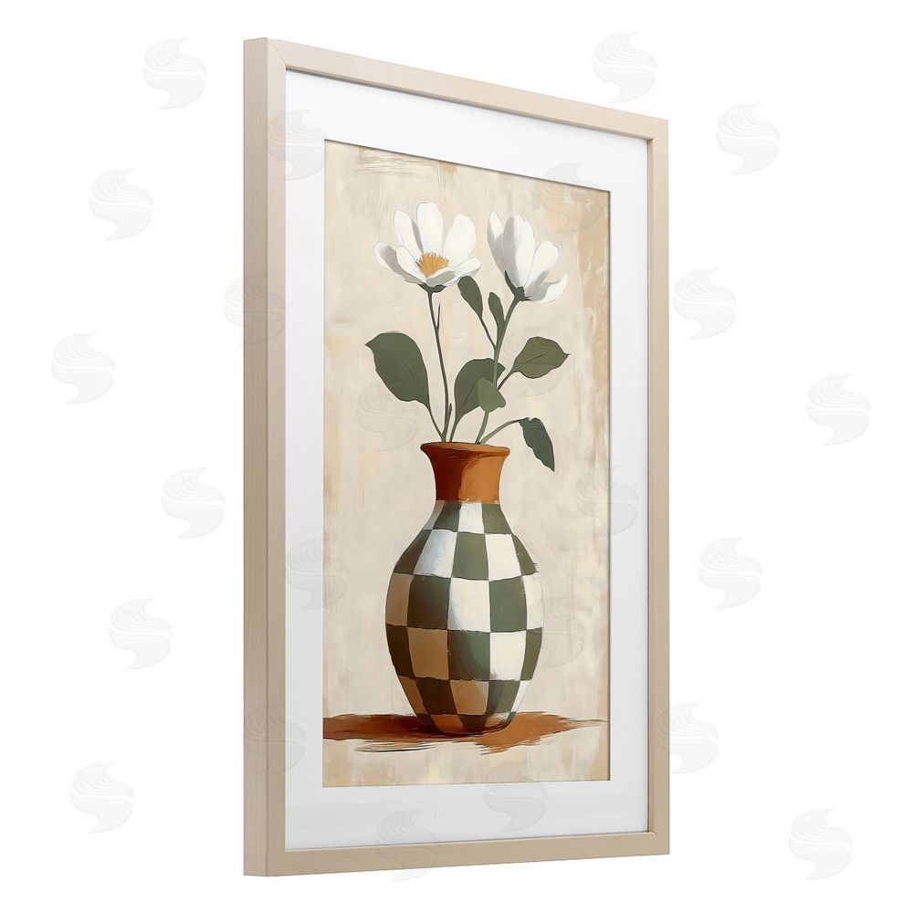 Creative Studio Checkboard Green Flower Vase Brown Framed Print Under Glass with Matting Wall Art