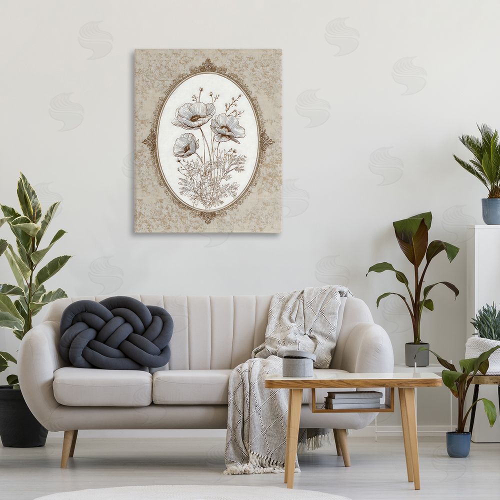 Ink Drop Loft Vintage Floral Sketch of Poppies Stretched Canvas on Wall