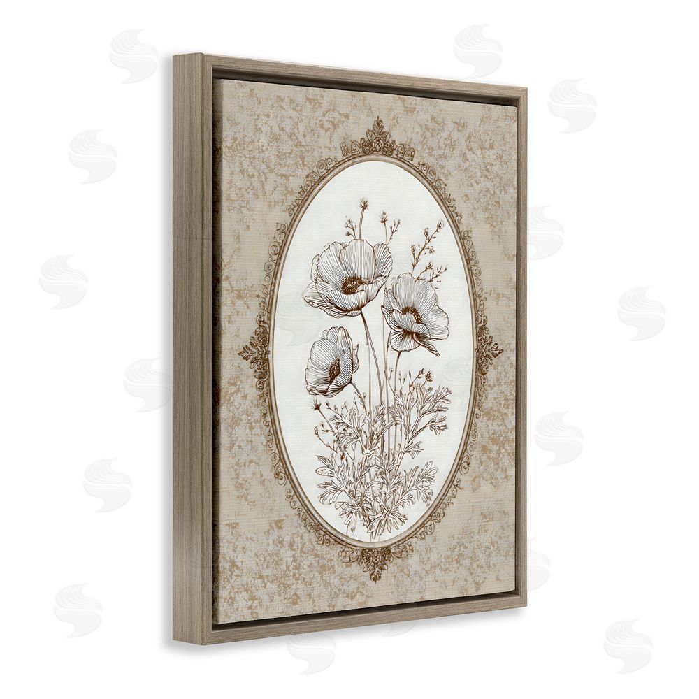Ink Drop Loft Vintage Floral Sketch of Poppies Brown Floating Framed Canvas Wall Art Print