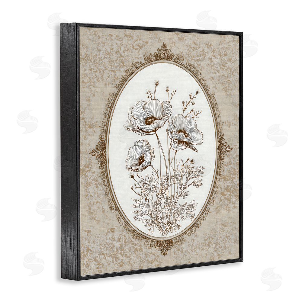 Ink Drop Loft Vintage Floral Sketch of Poppies Black Framed Giclee Wall Art Print