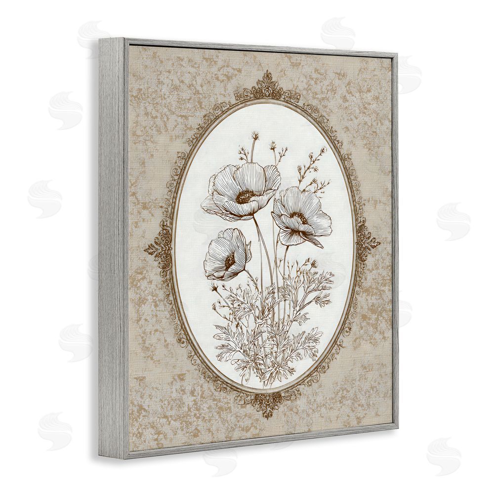 Ink Drop Loft Vintage Floral Sketch of Poppies Gray Framed Giclee Wall Art Print