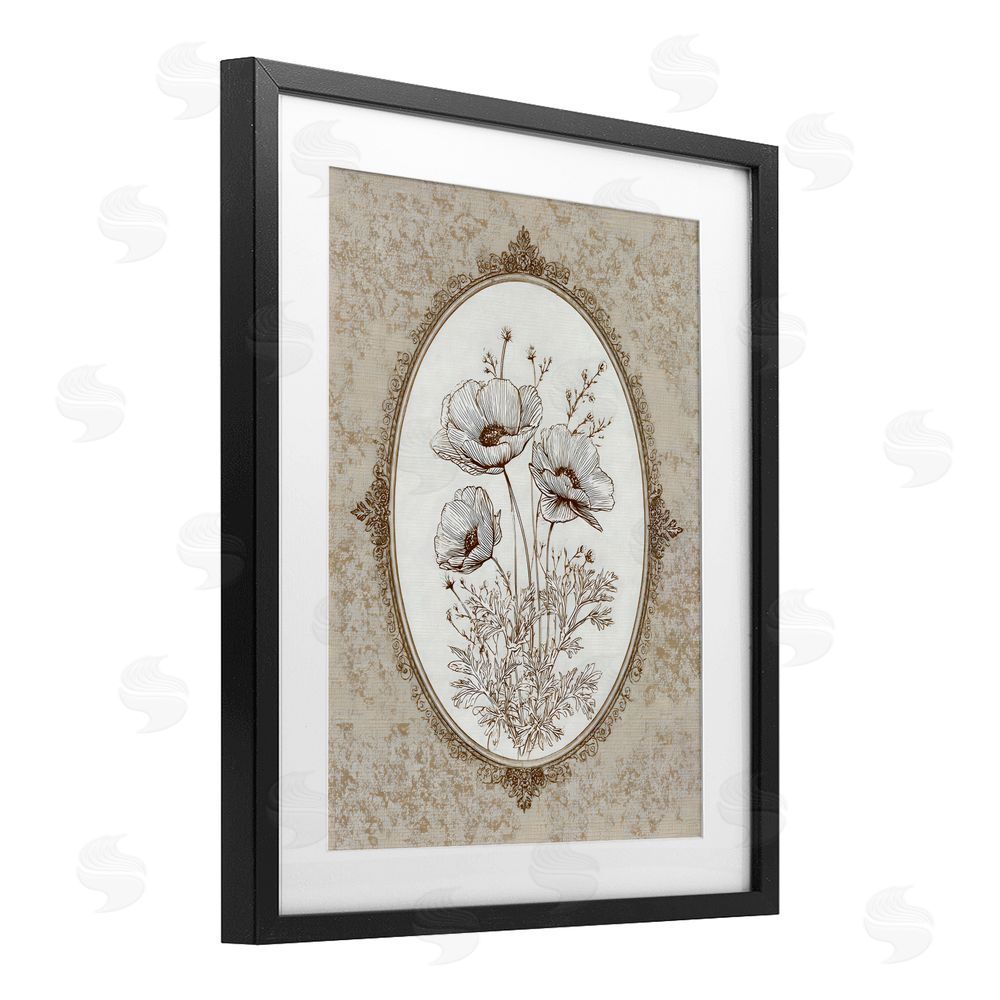 Ink Drop Loft Vintage Floral Sketch of Poppies Black Framed Print Under Glass with White Mat Wall Art