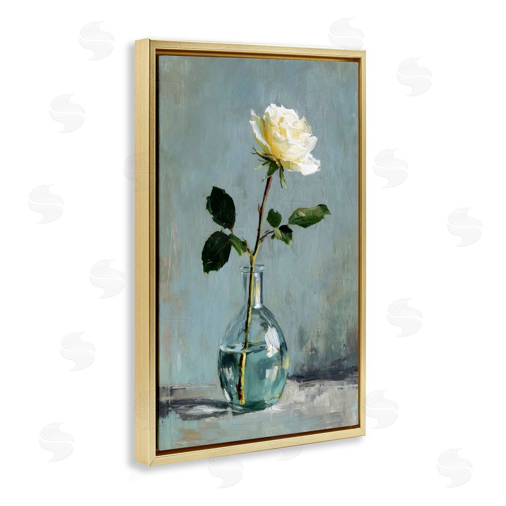 Petal Prints Design Sweet White Rose in Vase Gold Floating Framed Canvas Wall Art Print