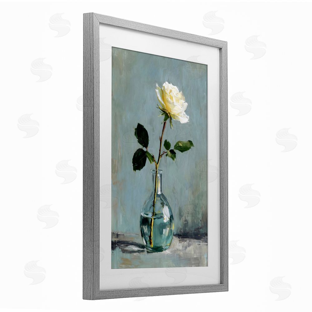 Petal Prints Design Sweet White Rose in Vase Gray Framed Print Under Glass with White Mat Wall Art