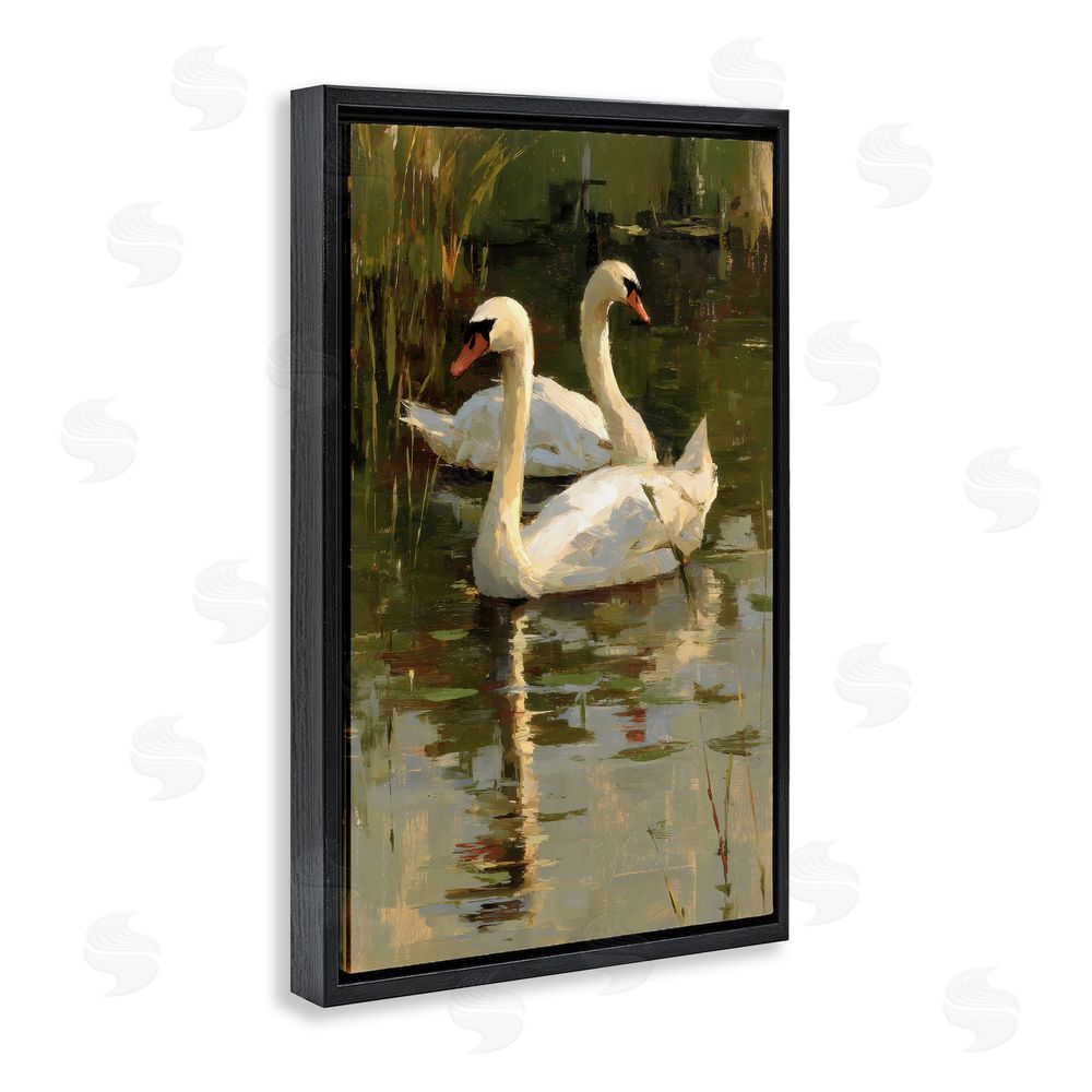 Petal Prints Design Swans For A Swim Black Floating Framed Canvas Wall Art Print