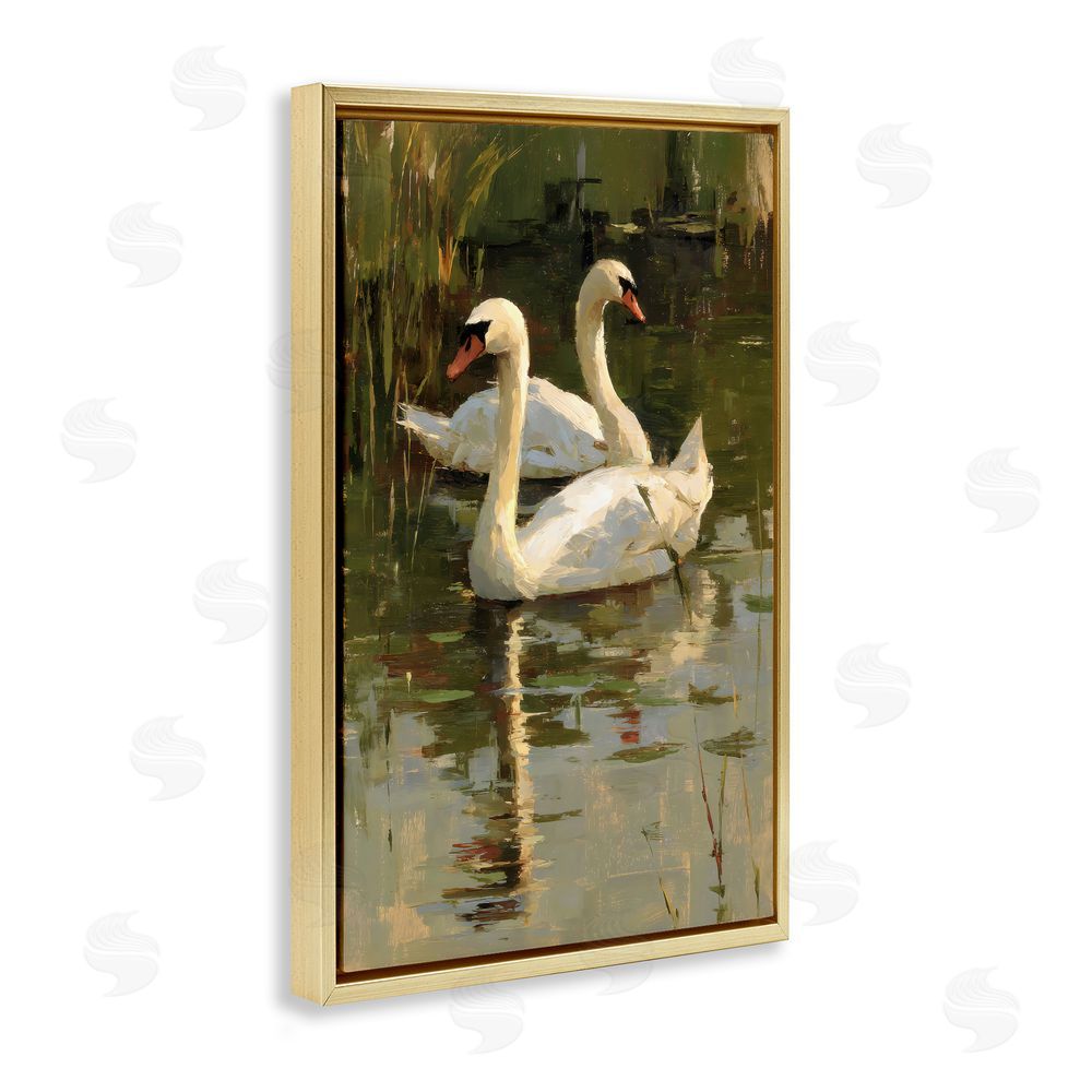 Petal Prints Design Swans For A Swim Gold Floating Framed Canvas Wall Art Print
