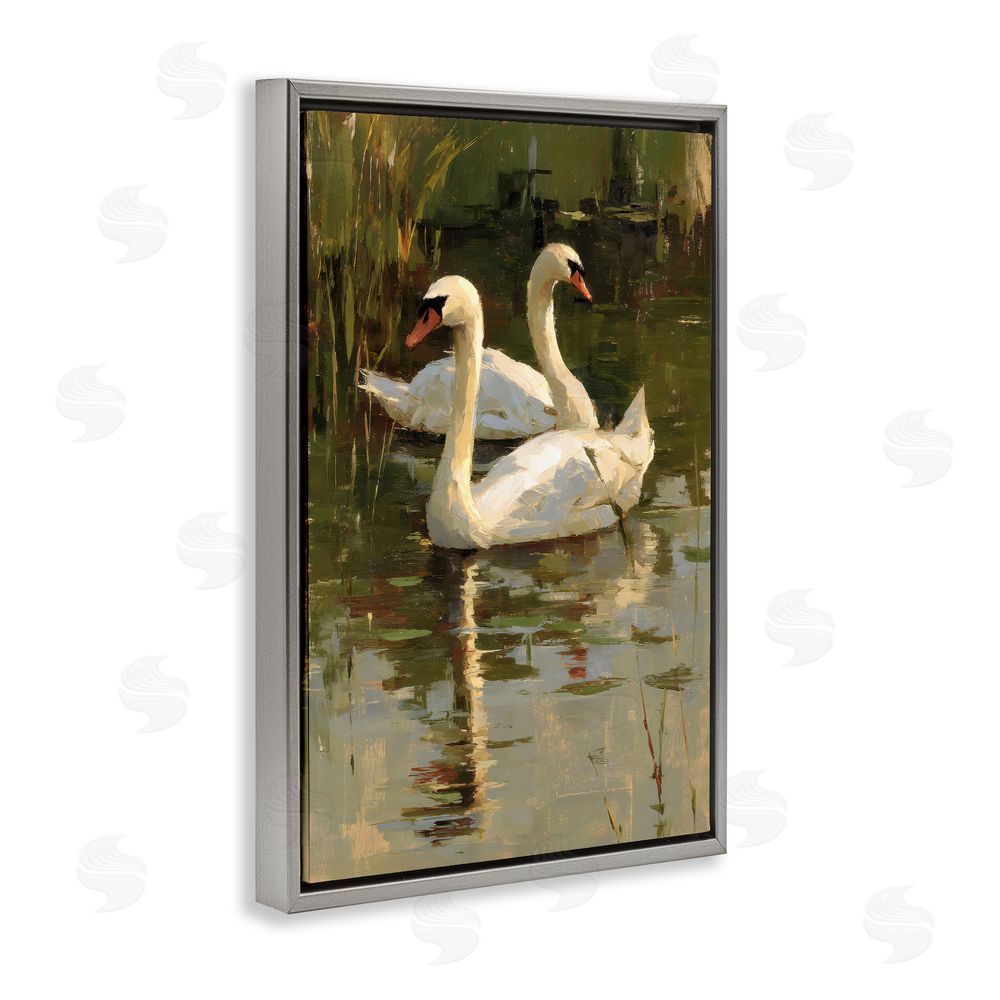 Petal Prints Design Swans For A Swim Gray Floating Framed Canvas Wall Art Print