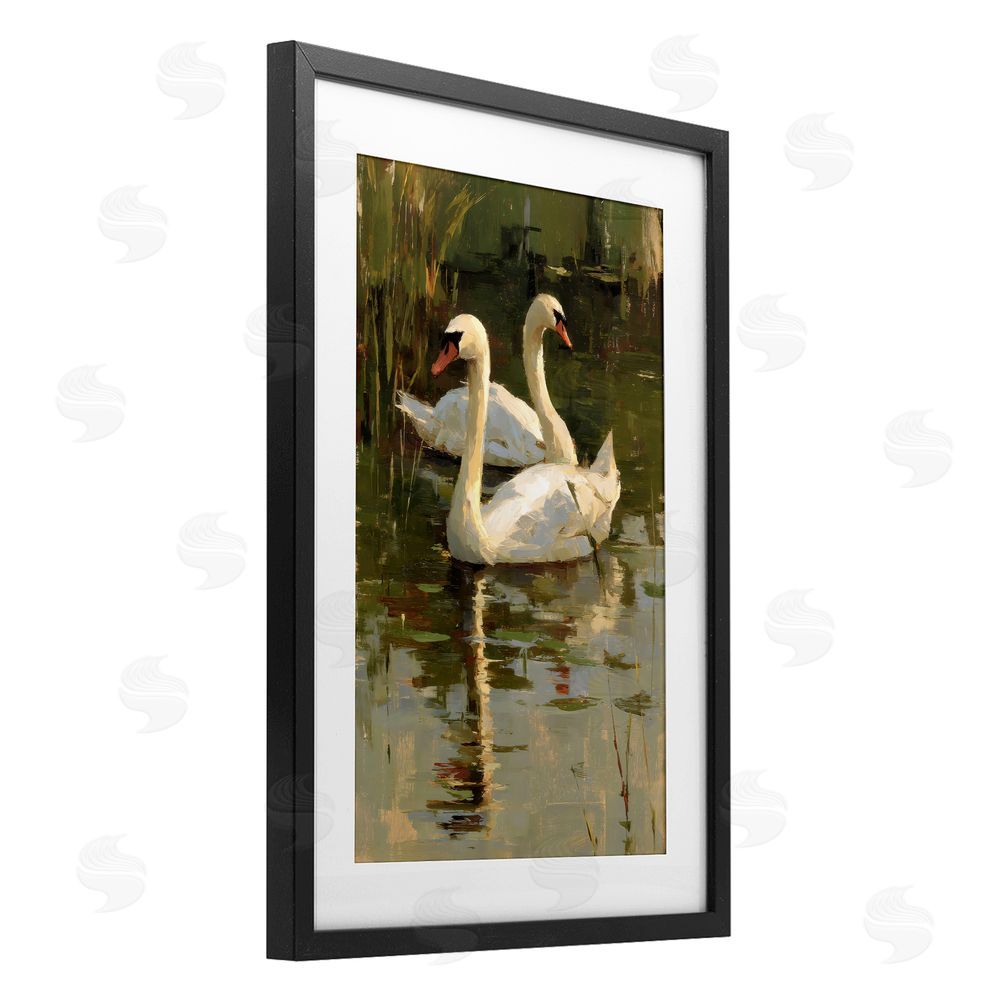 Petal Prints Design Swans For A Swim Black Framed Print Under Glass with White Mat Wall Art