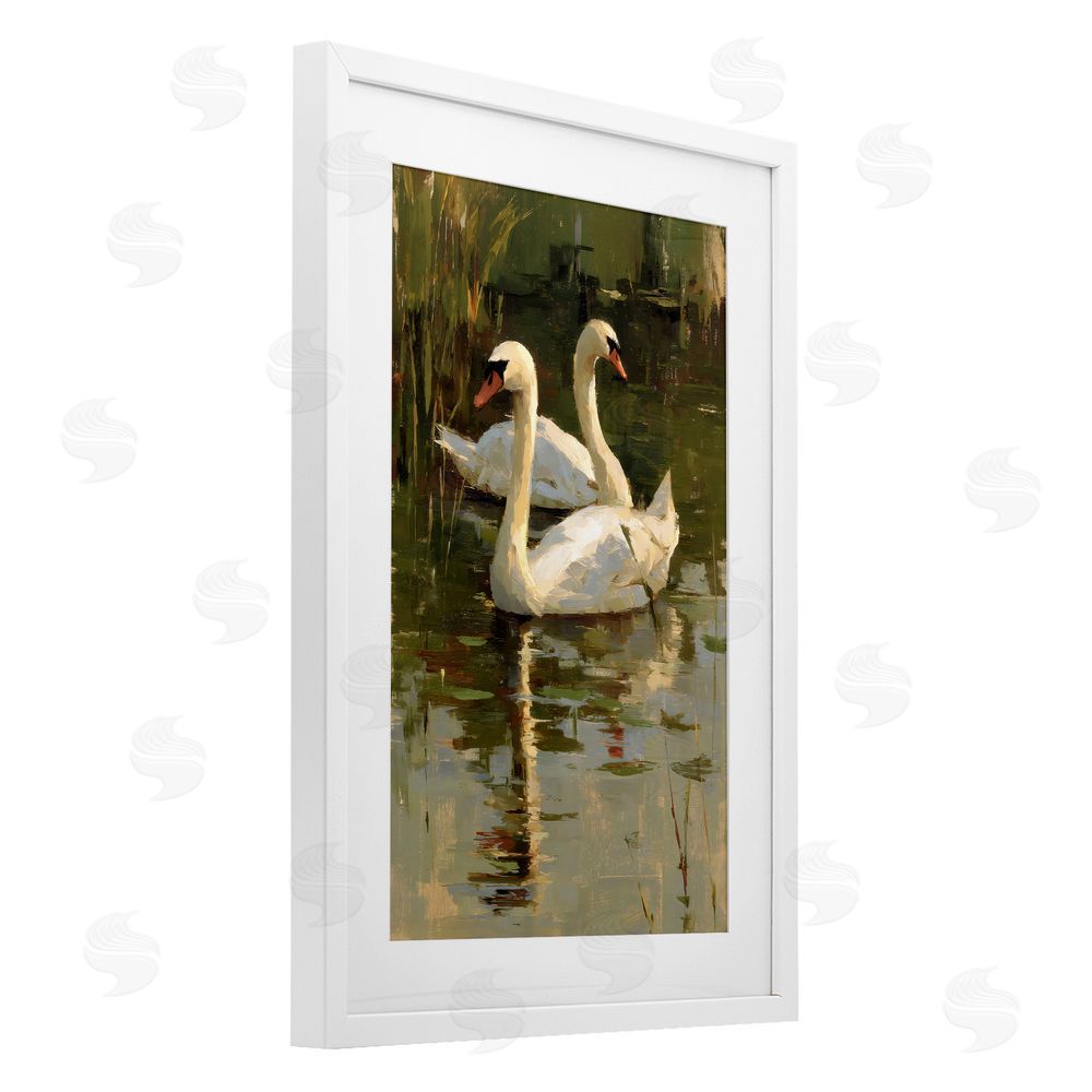 Petal Prints Design Swans For A Swim White Framed Print Under Glass with White Mat Wall Art