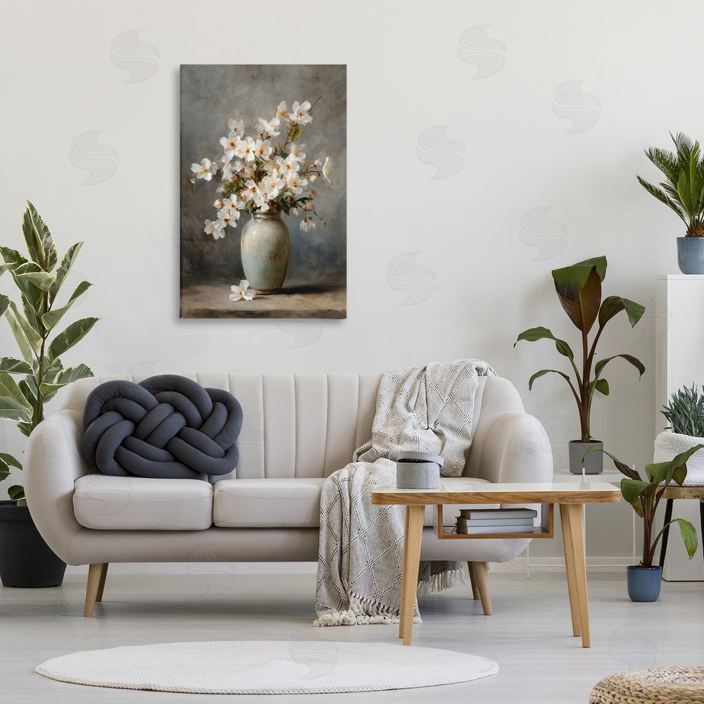 Petal Prints Design Full White Flowers in Vase Stretched Canvas Wall Art in Room