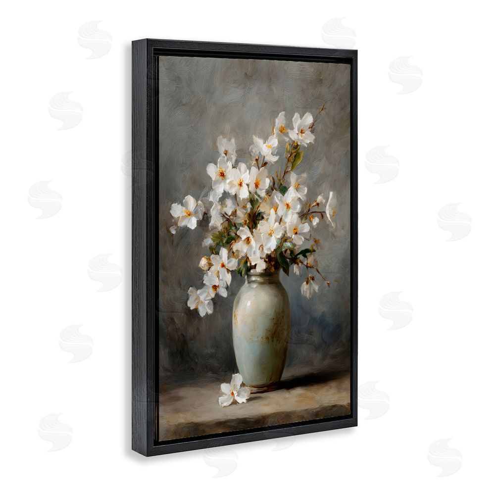 Petal Prints Design Full White Flowers in Vase Black Floating Framed Canvas Wall Art
