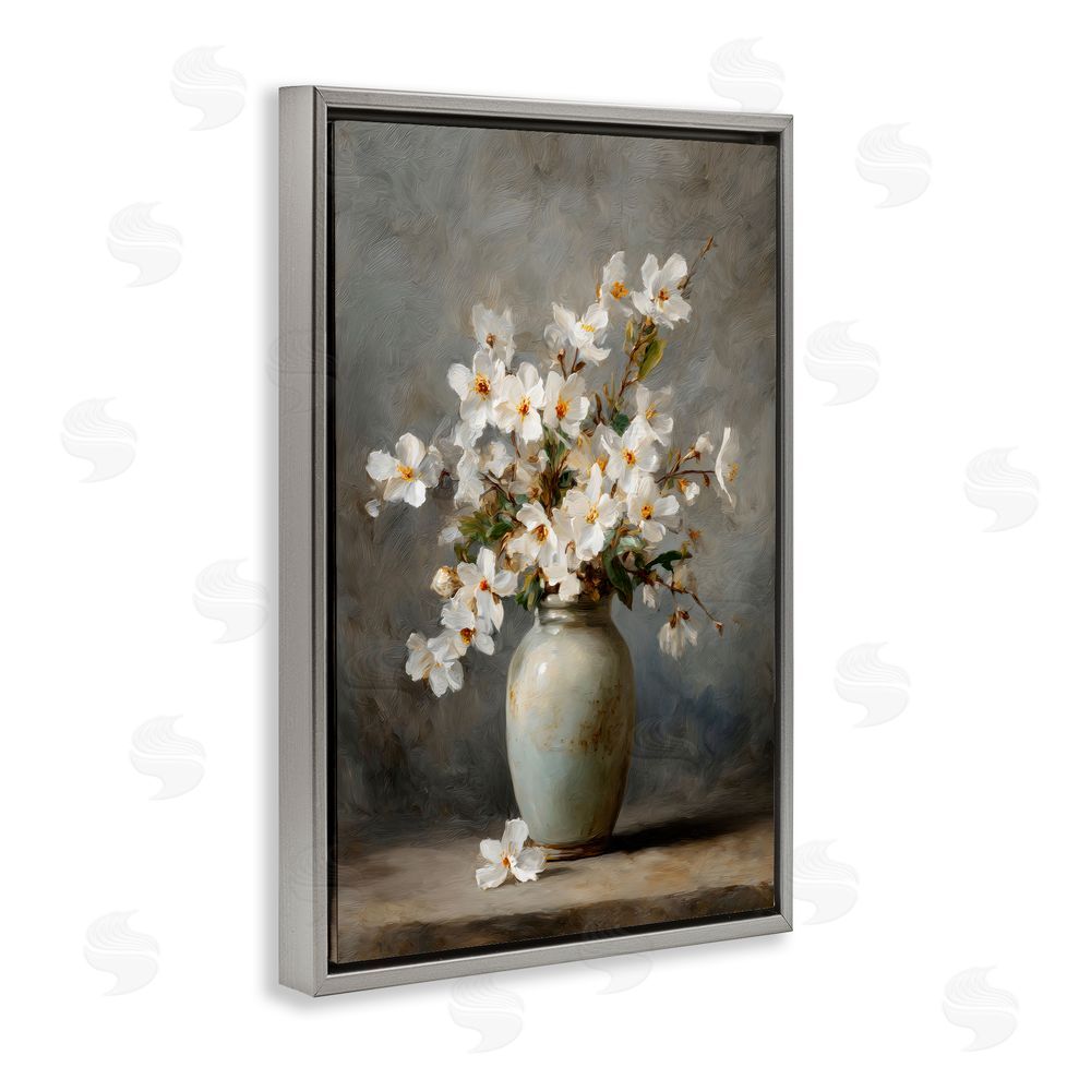 Petal Prints Design Full White Flowers in Vase Gray Floating Framed Canvas Wall Art