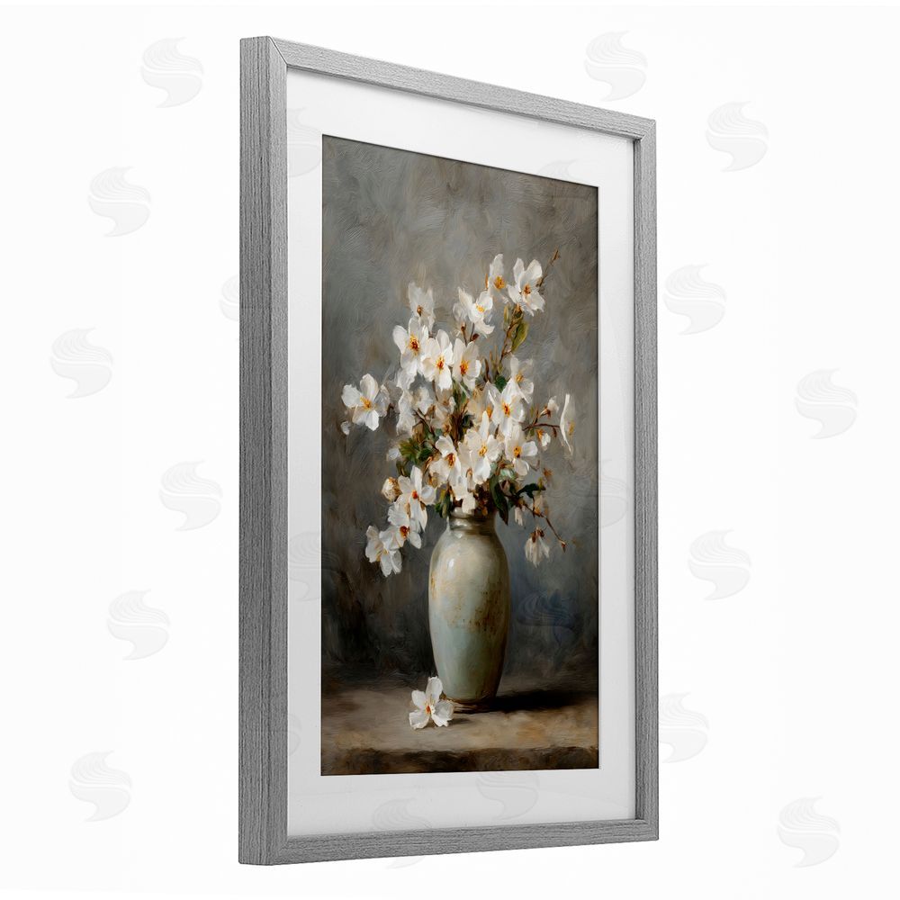 Petal Prints Design Full White Flowers in Vase Gray Framed Print Under Glass Wall Art
