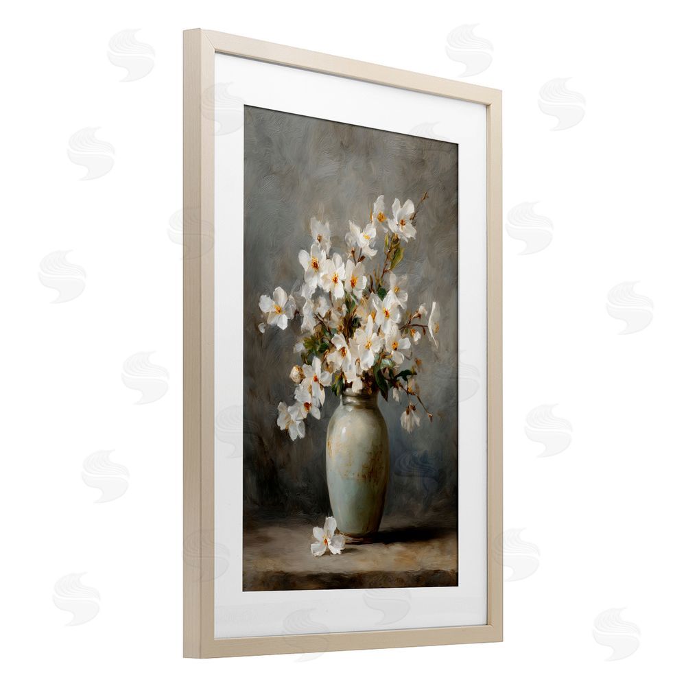 Petal Prints Design Full White Flowers in Vase Brown Framed Print Under Glass Wall Art