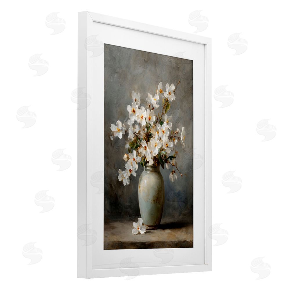 Petal Prints Design Full White Flowers in Vase White Framed Print Under Glass Wall Art