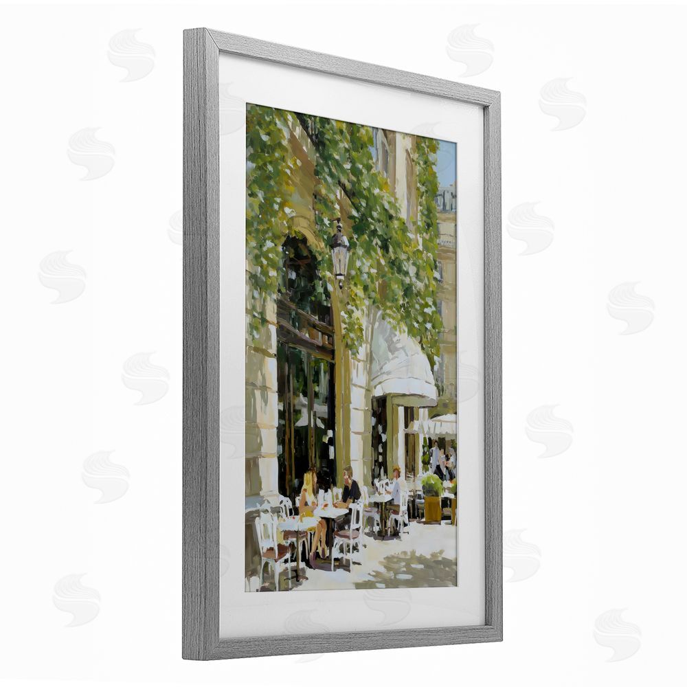 Petal Prints Design Sunny Day Cafe Terrace Gray Framed Print Under Glass with White Mat Wall Art