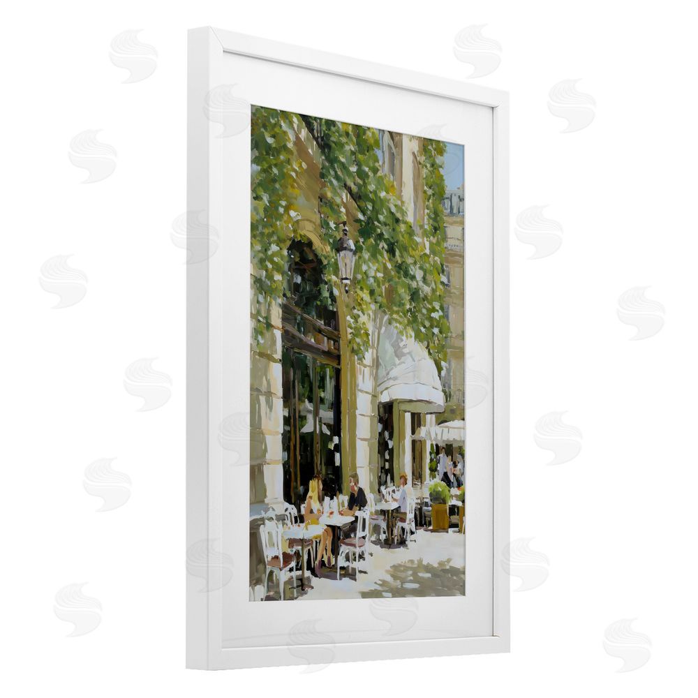Petal Prints Design Sunny Day Cafe Terrace White Framed Print Under Glass with White Mat Wall Art