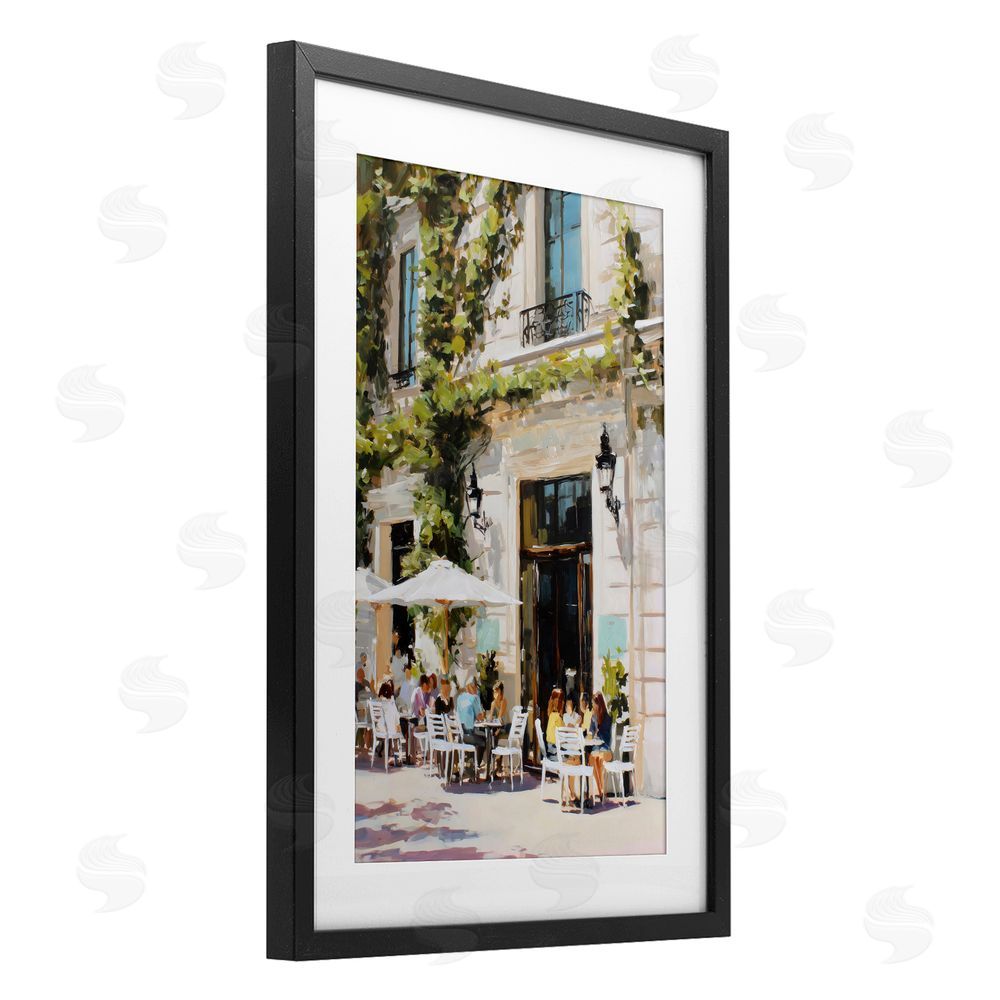 Petal Prints Design Streetside Cafe Terrace with Ivy Black Framed Print Under Glass with White Mat Wall Art