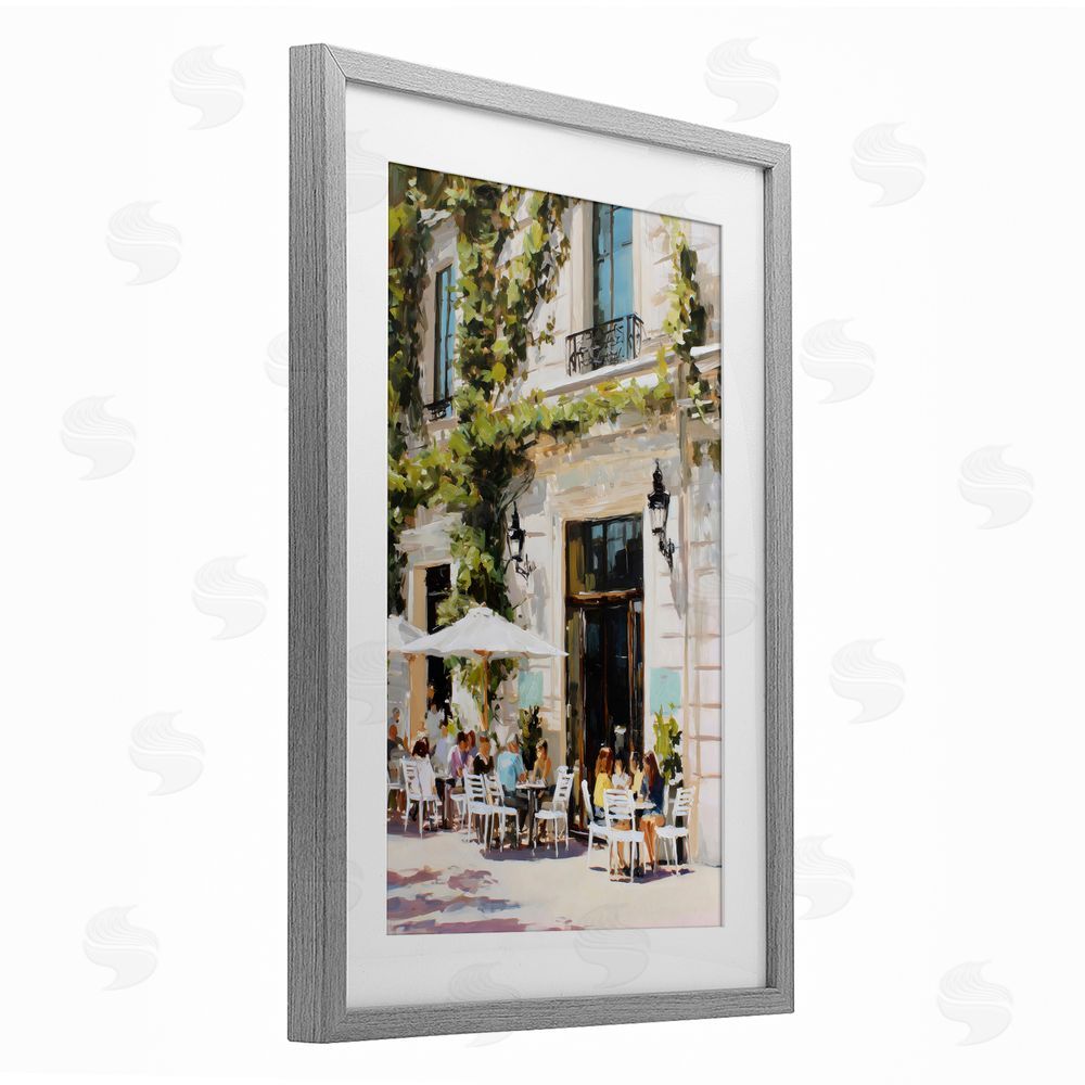 Petal Prints Design Streetside Cafe Terrace with Ivy Gray Framed Print Under Glass with White Mat Wall Art