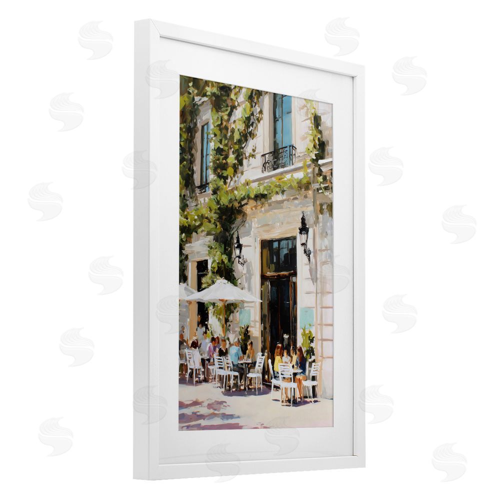 Petal Prints Design Streetside Cafe Terrace with Ivy White Framed Print Under Glass with White Mat Wall Art