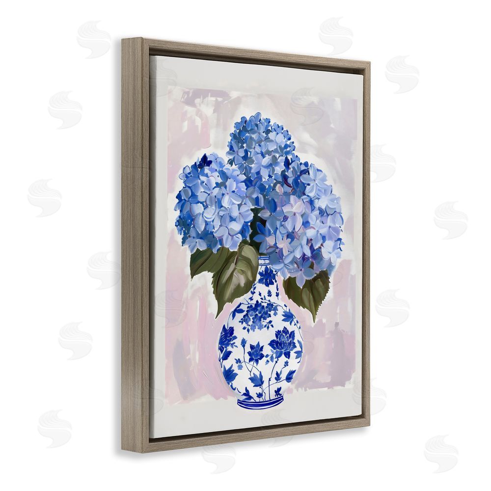 The Prints Vibe Blue Hydrangea in Porcelain Vase Brown Floating Frame Stretched Canvas Wall Art Print
